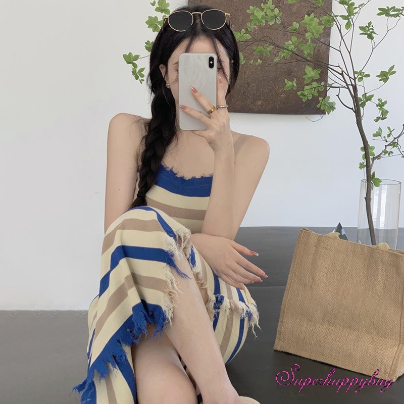 Đầm Hai Dây Ôm Dáng Họa Tiết Kẻ Sọc Màu Tương Phản Cho Nữ