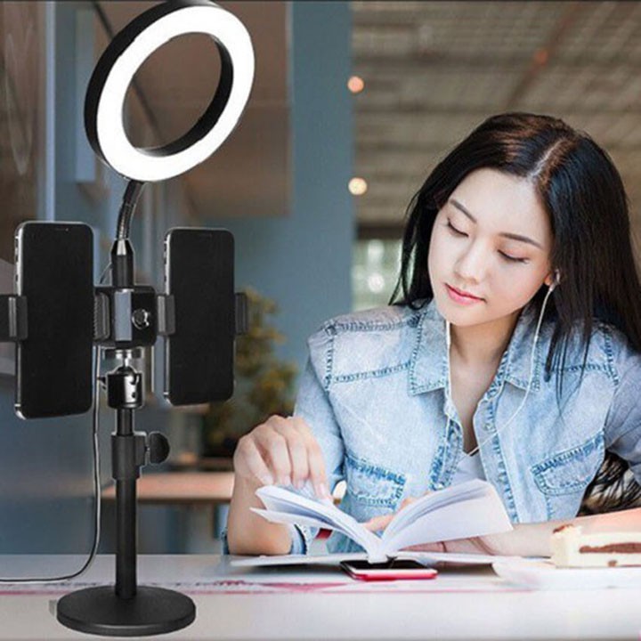 Giá Đỡ 2 Điện Thoại Có Đèn Led LiveStream,Kẹp Điện Thoại Để Bàn Quay Video Tiktok Có Đèn Led 3 Màu Chữ T Đường Kính 16cm