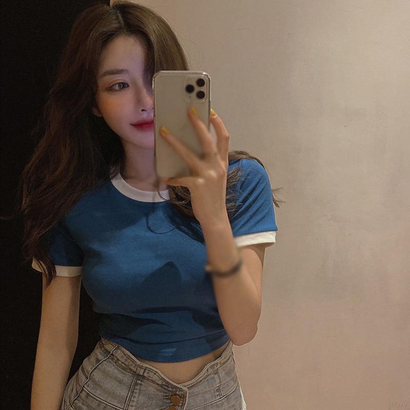 Áo thun croptop tay ngắn cổ tròn ôm dáng phong cách Hàn Quốc dành cho nữ