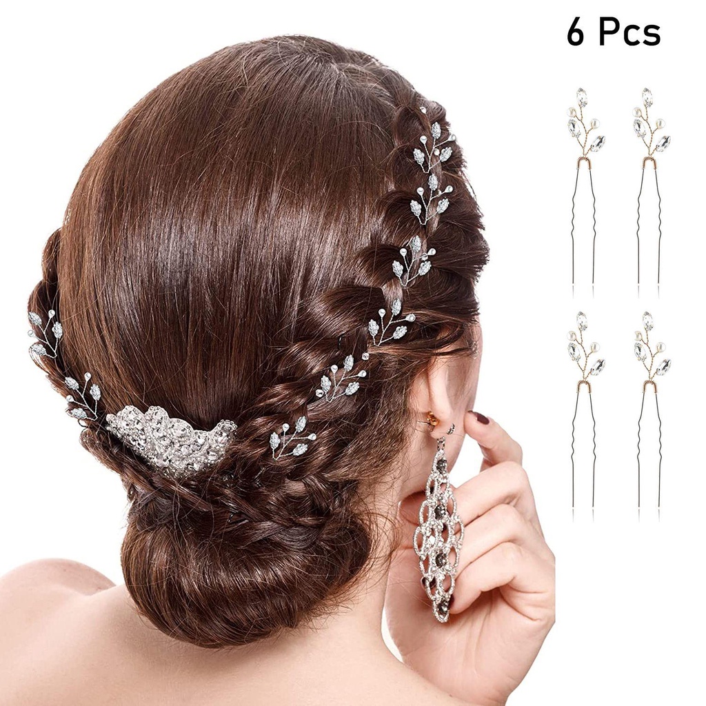 SUMU Set 6 Trâm Cài Tóc Cô Dâu Đính Đá Pha Lê