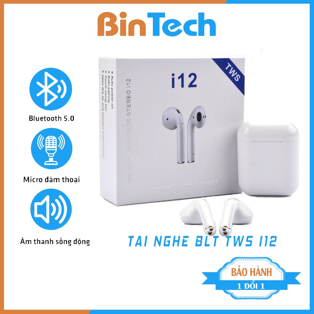 Tai nghe bluetooth TWS i12 không dây, tai nghe iphone, chơi game, giá rẻ BINTECH