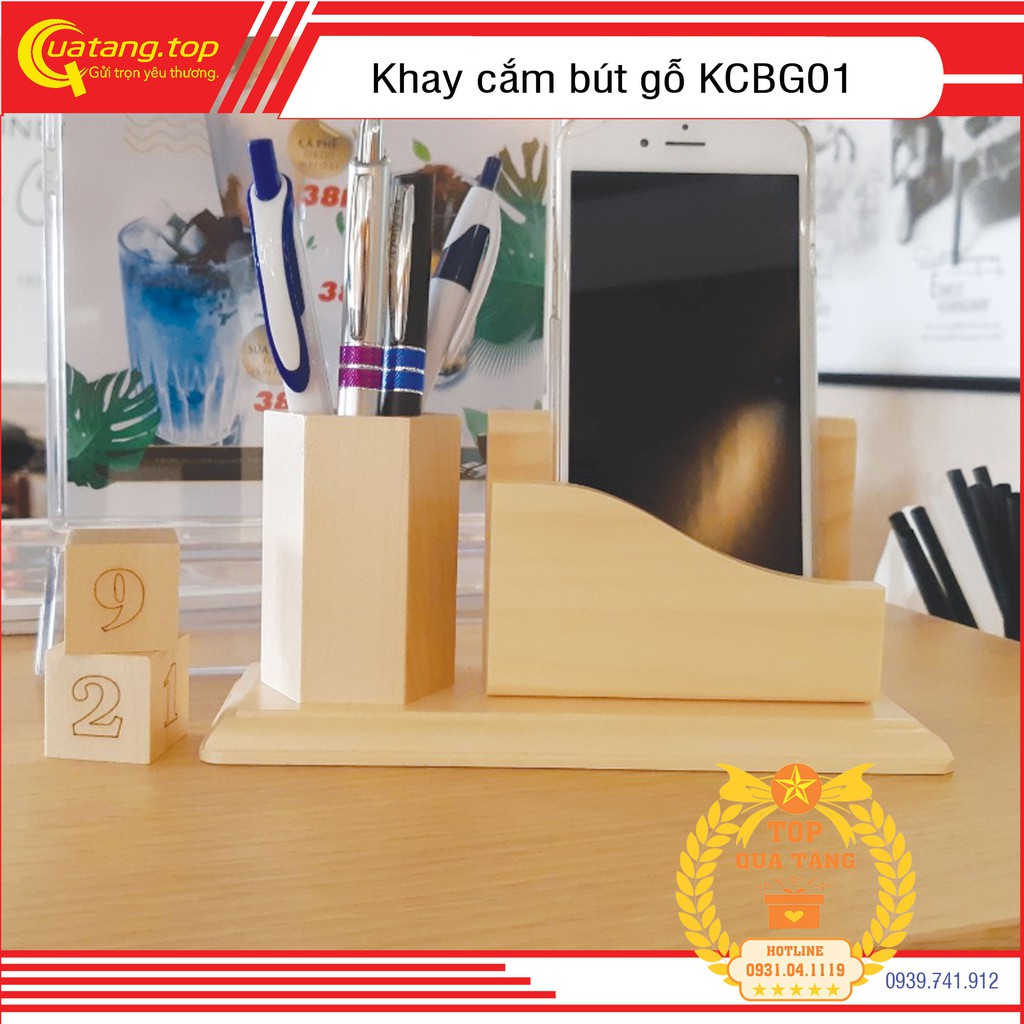 Khay cắm bút gỗ Maple cao cấp để bàn làm quà tặng khắc hàng | Có khắc tên logo theo yêu cầu