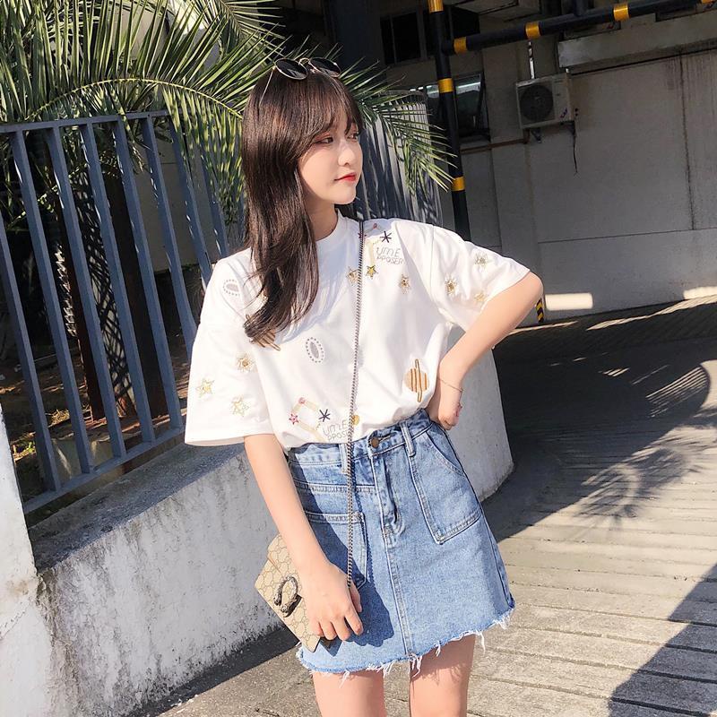 Áo Thun 100% Cotton Tay Ngắn Thêu Họa Tiết Đính Kim Sa Thời Trang Cho Nữ 2022