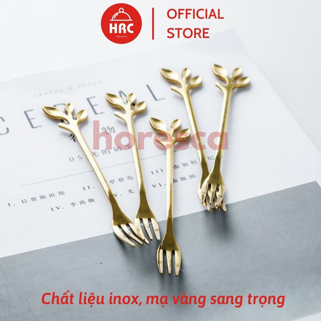 Thìa Nĩa ăn inox 304 cao cấp mạ vàng sang trọng Muỗng Dĩa cán hình lá độc đáo