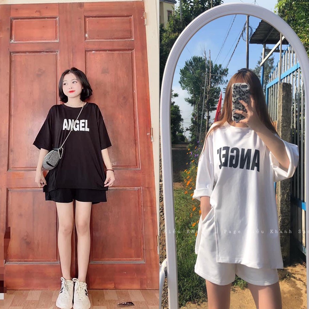 Sét đồ nữ mặc nhà ANGEL áo thun tay lỡ xẻ tà kèm quần short đùi dáng rộng thể thao basic