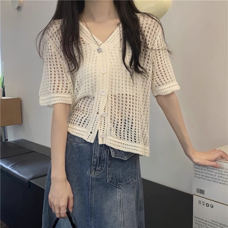 áo len lưới dệt kim mix viền kiểu cổ tim cài khuy (2515#)