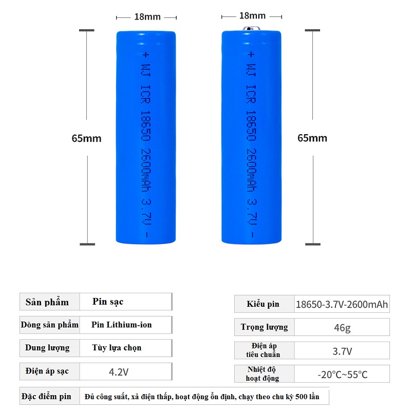 Pin sạc Lithium 18650 3.7v dùng cho tông đơ cắt tóc T9, robot hút bụi lau nhà và các thiết bị điện tử khác