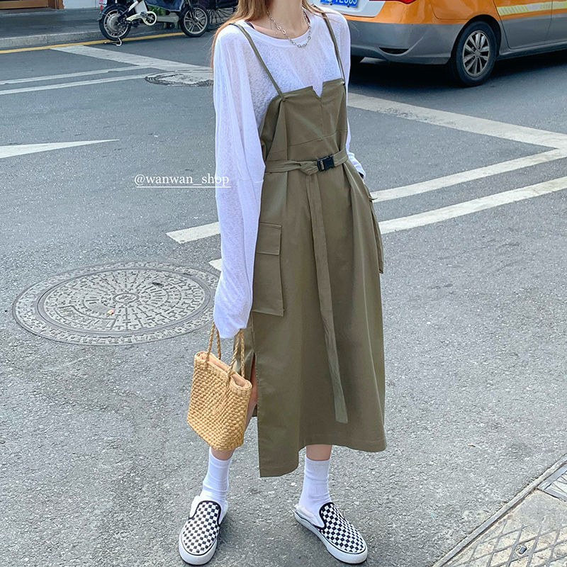 Yunyun Clothing Family ~ New Korean Sleeveless Tooling Sling Dress + Two Piece Solid Color Top in Summer 2021[delivery Within 15 Days ]