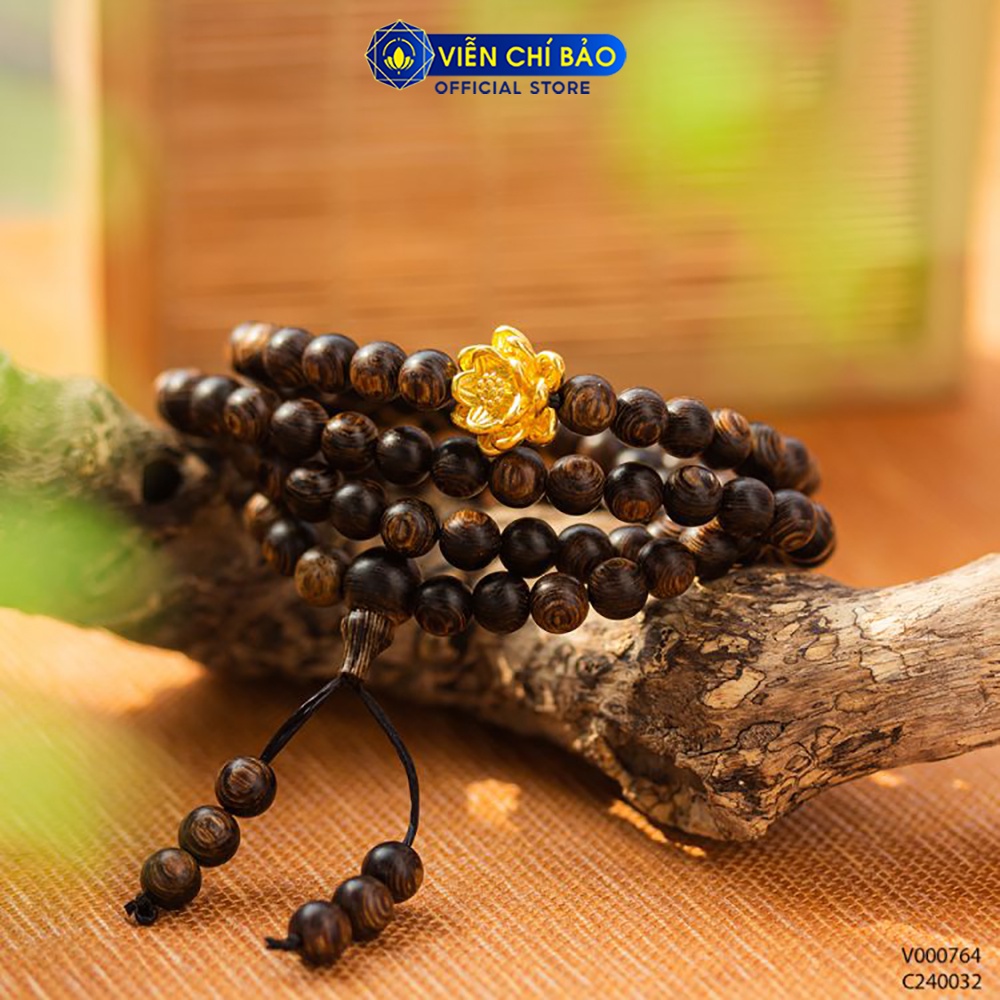 Vòng tay Trầm hương sánh chìm 108 hạt mix Charm sen vàng 24K phụ kiện trang sức Viễn Chí Bảo V000850