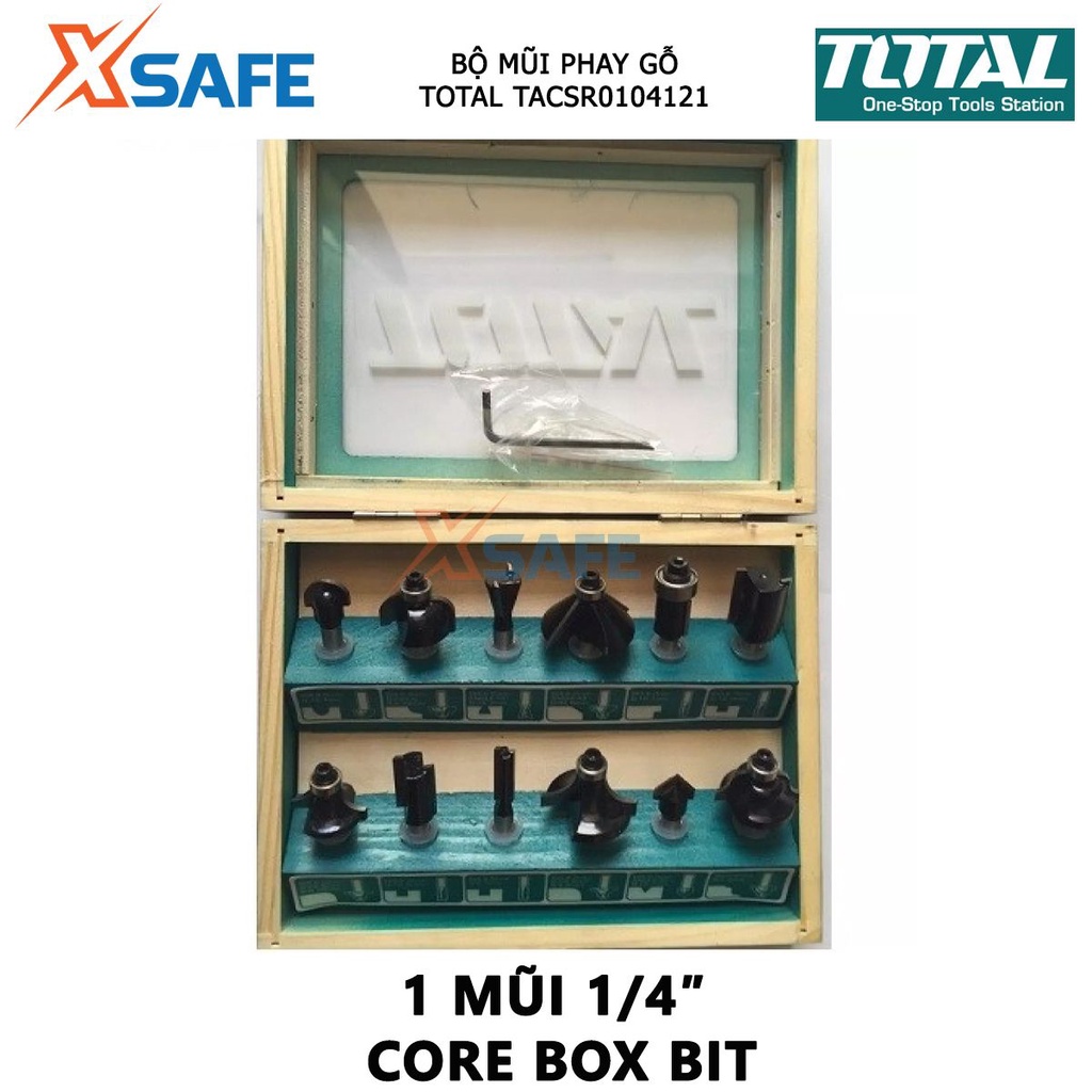 Bộ mũi phay gỗ TOTAL bộ 12 mũi phay soi gỗ Đường kính mũi từ 1/4&quot;(6.3mm)-1/2&quot; (12.7 mm), Gồm 3 mũi thẳng 6mm, 12mm, 16mm