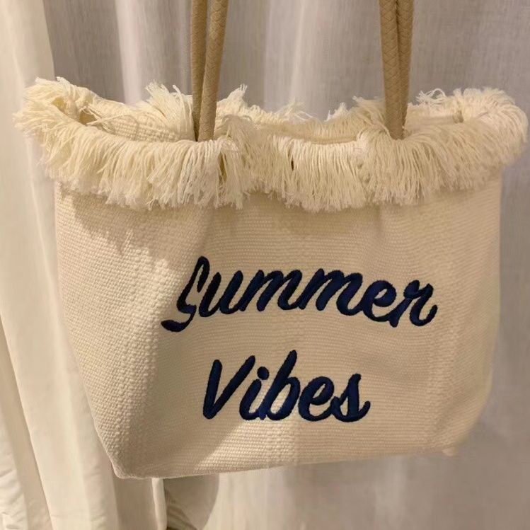 Túi Tote Đeo Vai Vải Canvas Dệt Tay Sức Chứa Lớn Thêu Chữ Phong Cách Mùa Hè Mới Thông Dụng