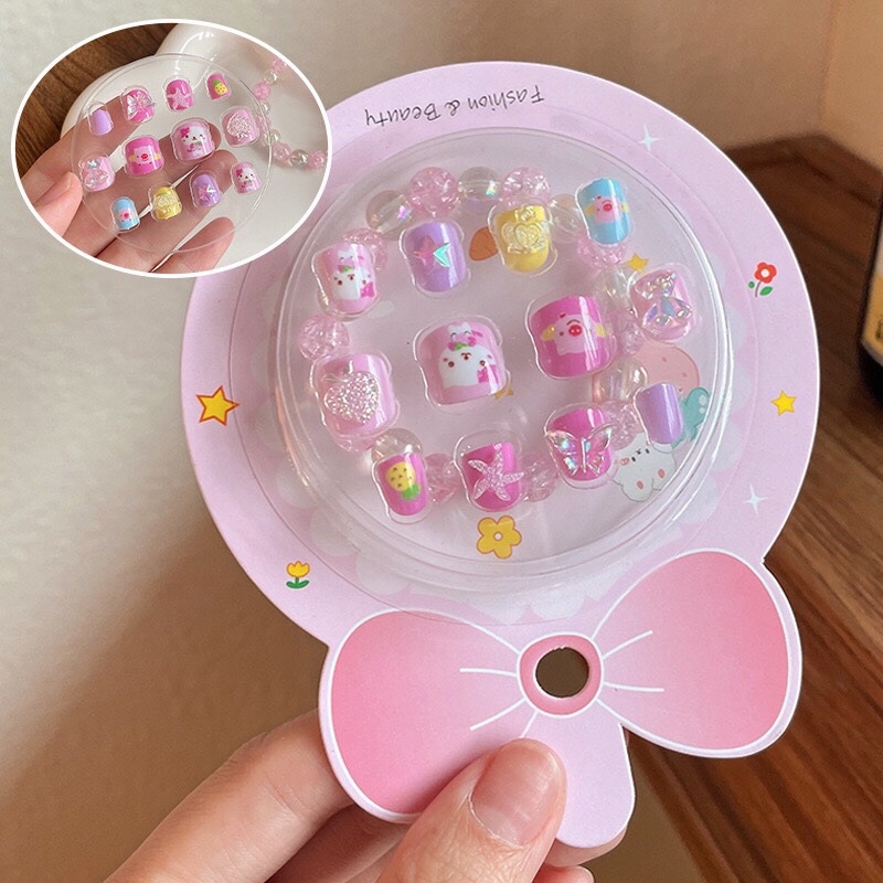 Set 12 Móng Tay Giả Có In Hình Cute Kèm Vòng Tay (Có keo dán sẵn dưới móng) Cho bé gái