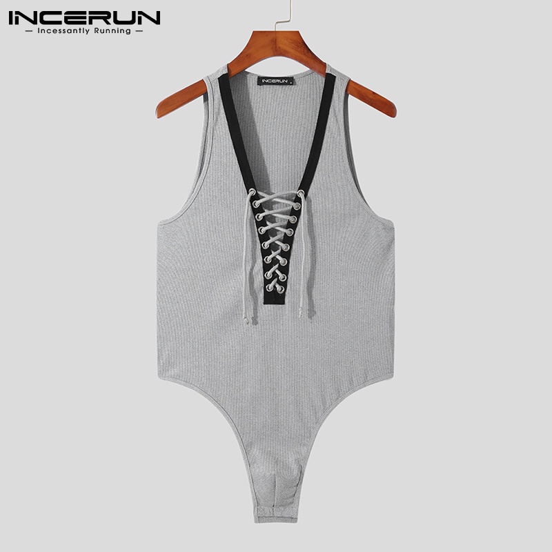 Áo liền quần INCERUN mỏng cổ sâu chữ V không tay phối dây buộc phong cách gợi cảm cho nam