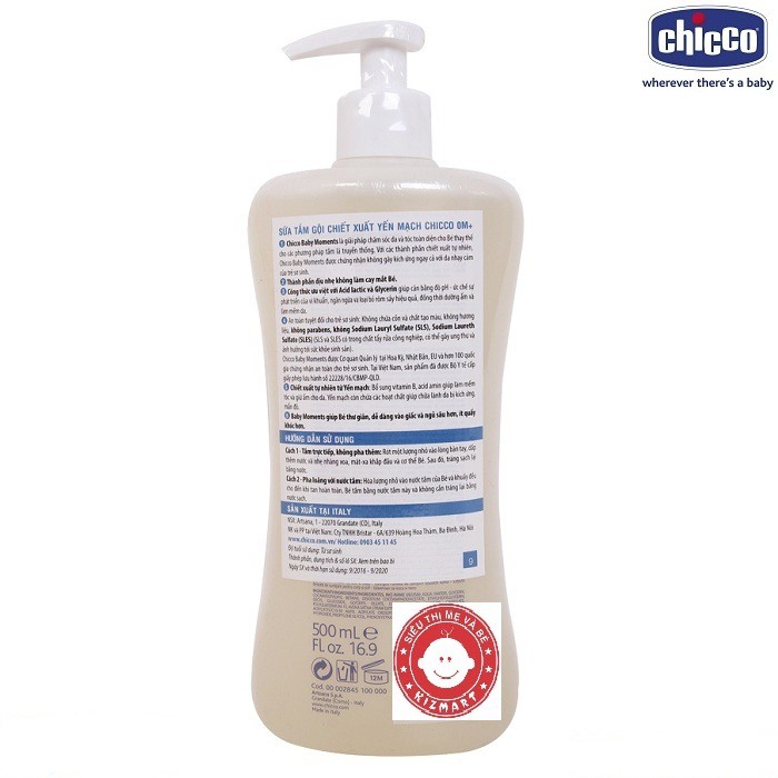 Sữa tắm gội Chicco0M+ chiết xuất Yến mạch 500ml của Italy