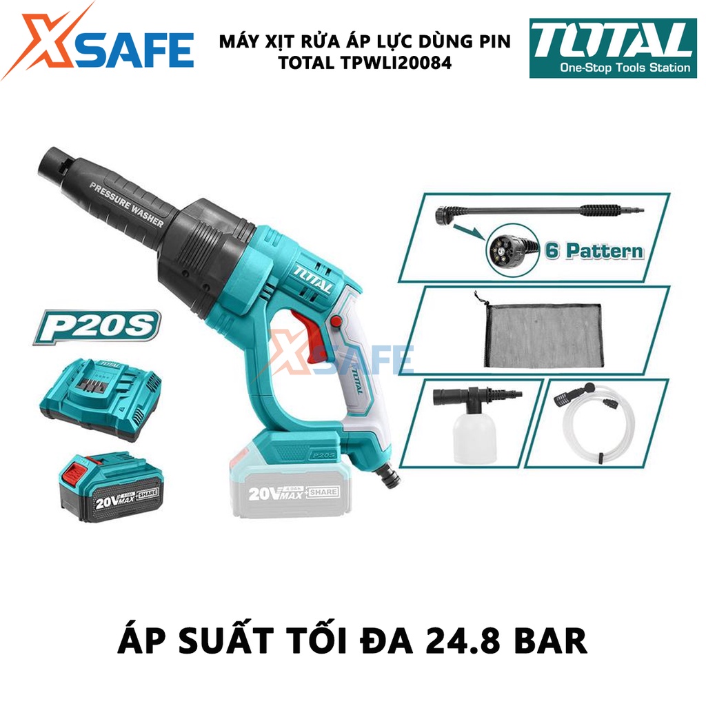 Máy xịt rửa xe cầm tay TOTAL TPWLI20084 Máy xịt rửa áp lực kèm 1 pin 4.0Ah, 1 sạc nhanh cùng nhiều phụ kiện hỗ trợ