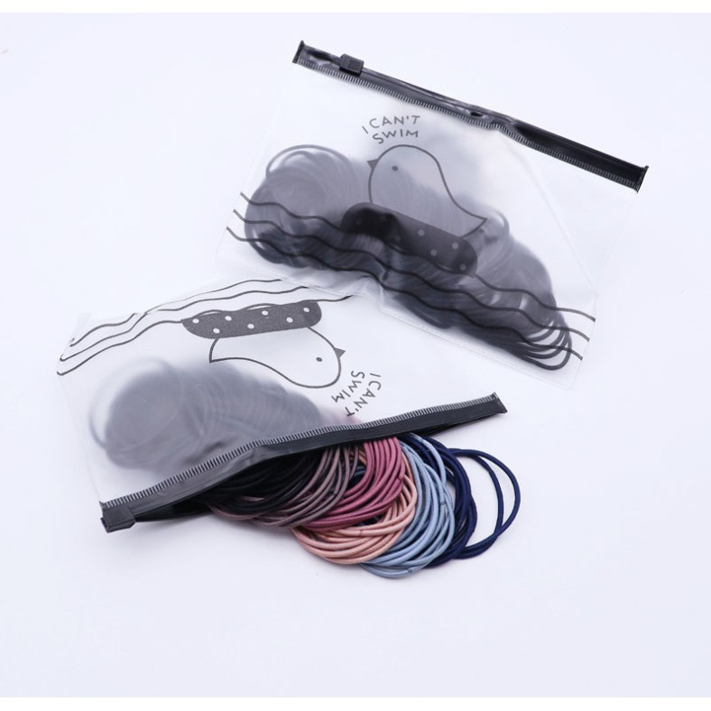 Dây buộc tóc, Set 100 dây chun, dây thun buộc tóc HQ đủ màu sắc kèm túi Zip