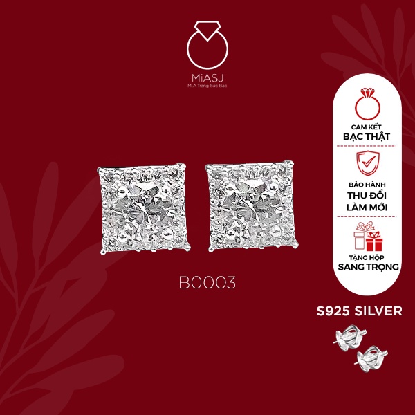 Bông tai nữ bạc Ý S925 MiASJ B0003 chốt vặn khuyên vuông kết đá CZ cao cấp