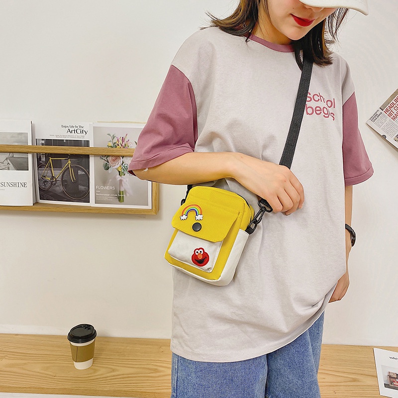 Túi đeo chéo/ Túi đeo một bên vai cỡ nhỏ vải canvas họa tiết hoạt hình Sesame Street ngọt ngào tươi mới cho nữ