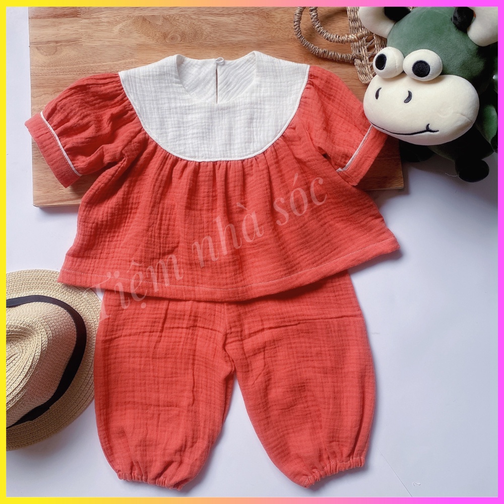 Bộ quần dài, áo xoè tay bồng cho bé gái vải xô muslin cao cấp, bộ thu đông cho bé từ 3,5-16kg