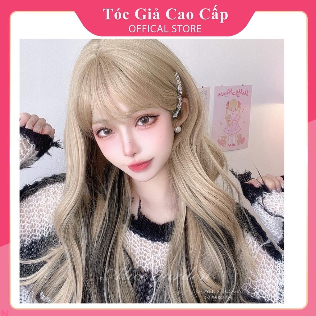 Tóc giả nữ nguyên đầu xoăn nhẹ màu vàng tây phối line đen, tặng kèm lưới trùm wig.