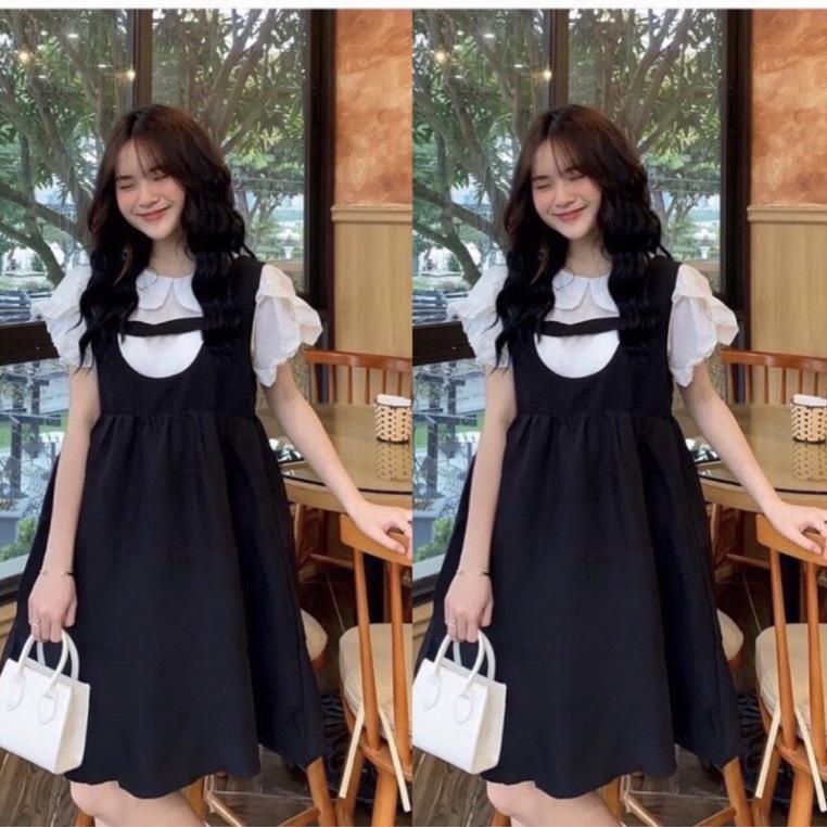 Set Yếm Babydoll Đen Kèm Áo Tay Bồng 🦋 Bộ Váy Kèm Áo Sơ Mi Tiểu Thư Ulzzang Hot🦋