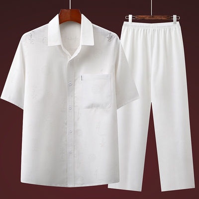 Bộ Áo Tay Ngắn Và Quần Bằng Vải Lanh Cotton Dáng Rộng Dành Cho Người Lớn Tuổi
