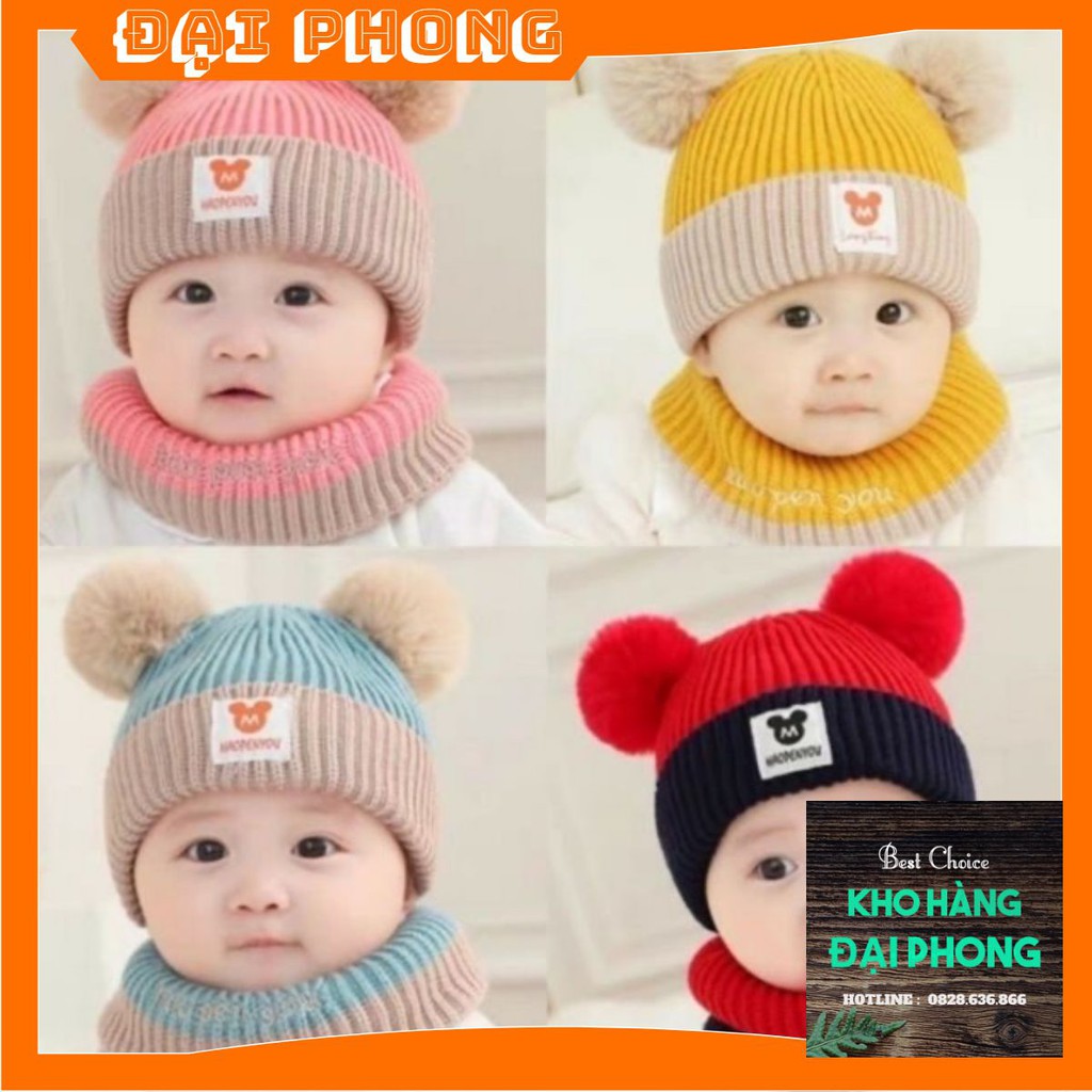 MŨ LEN KÈM KHĂN CHO BÉ❤️FREE SHIP❤️ MŨ LEN 2 QUẢ BÔNG, XINH XẮN CHO BÉ TRAI BÉ GÁI