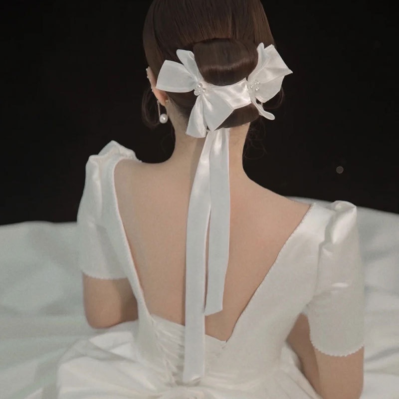 Kẹp Tóc Nơ Satin Phong Cách Tối Giản Cho Cô Dâu