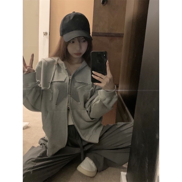 hoodie zip áo khoác mùa đông có mũ hình ngôi sao phong cách y2k