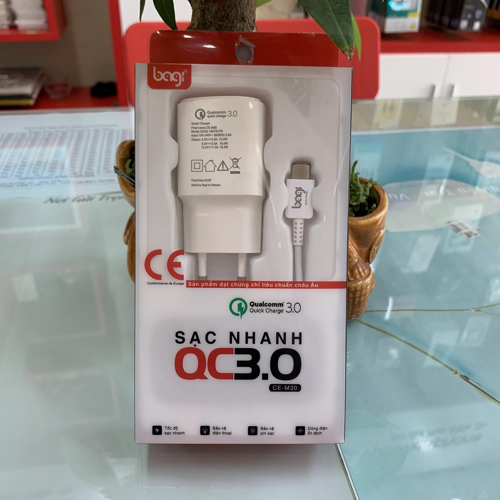 Combo sạc nhanh Bagi Quick Charge 3.0 và dây Type-C - Hàng chính hãng, bảo hành 12 tháng 1 đổi 1