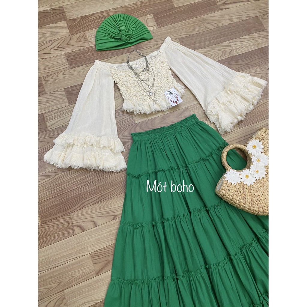 Áo xô chun bèo ngực, tay dài bèo 2 tầng