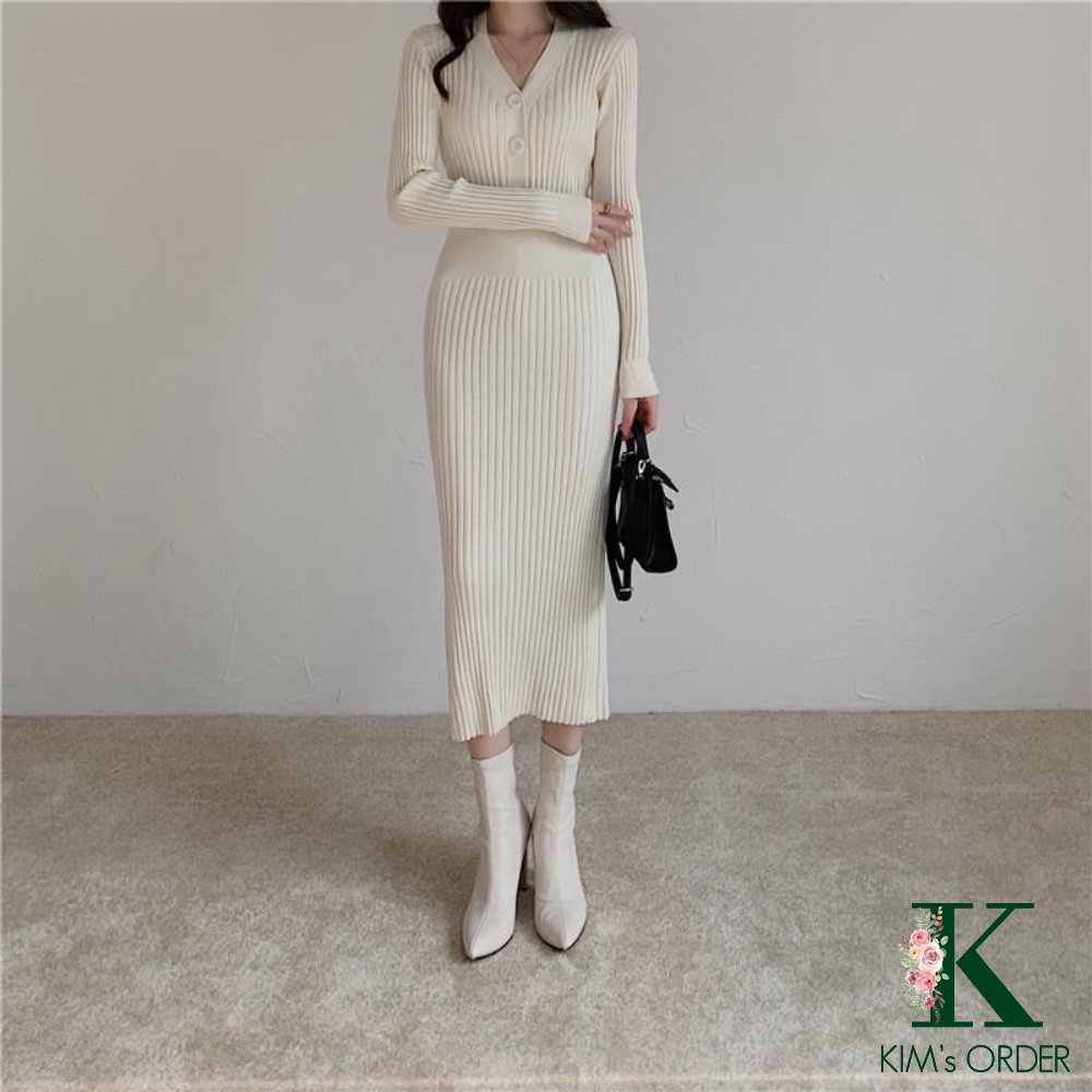 Đầm len nữ Body dáng dài cổ chữ V cài cúc màu đen màu be trắng váy len dự tiệc dài tay ôm sát sành điệu cá tính