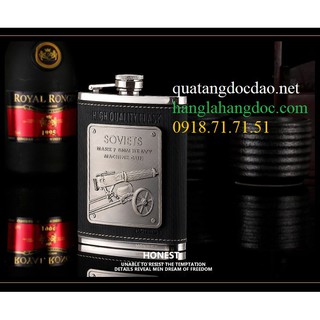 Bình tông Honest inox bỏ túi 8oz bọc da, logo súng máy Soviet (240ml)