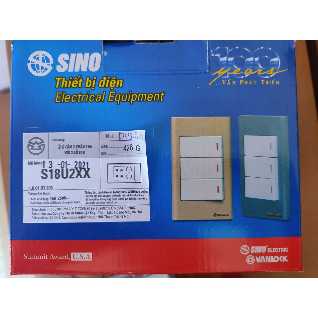 Ổ cắm đôi 2 chấu 16A + 2 lỗ Sino S18U2XX dòng S18