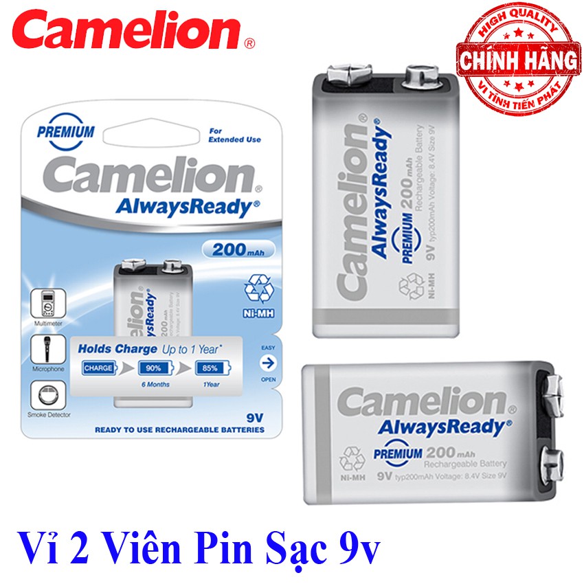 Vỉ 2 Viên Pin Sạc vuông 9V Camelion AlwaysReady dung lượng 200mAh