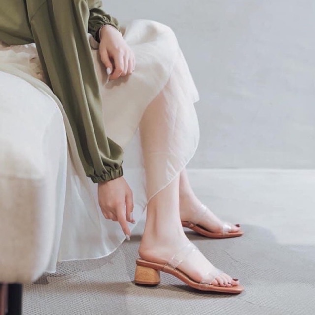 Guốc cao gót, dép cao gót vuông giả gỗ 4cm quai trong dày 2 dây ngang