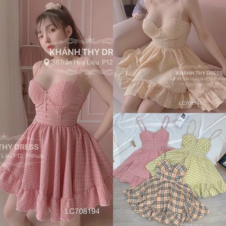 Đầm xoè cúp caro 2 dây