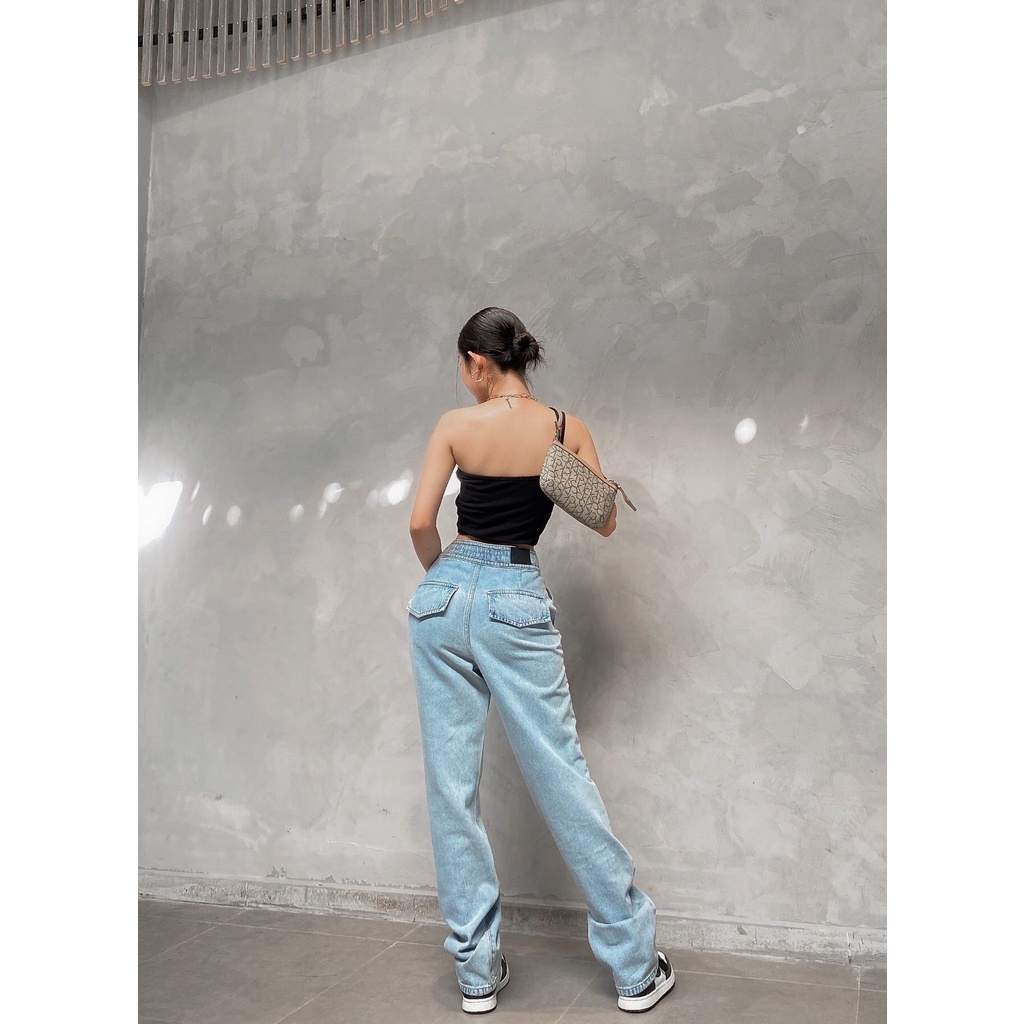 Quần jeans nữ ống rộng CHICMONKI 4 nút có nắp túi phía trước lưng cao  CMJ1049