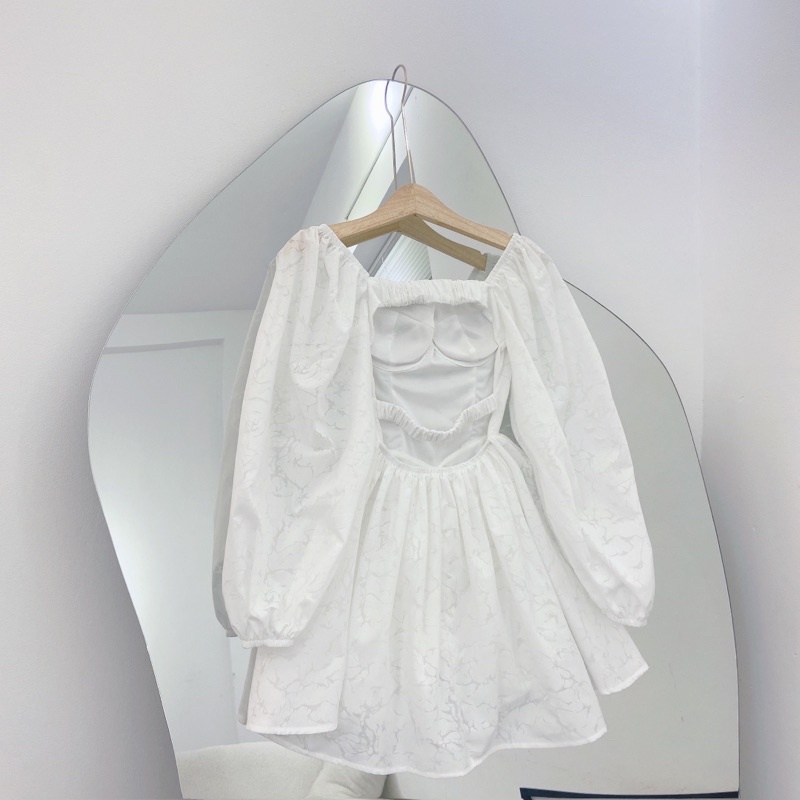 ĐẦM TRẮNG TAY BỒNG HOA NỔI CÚP NGỰC HỞ LƯNG MS47