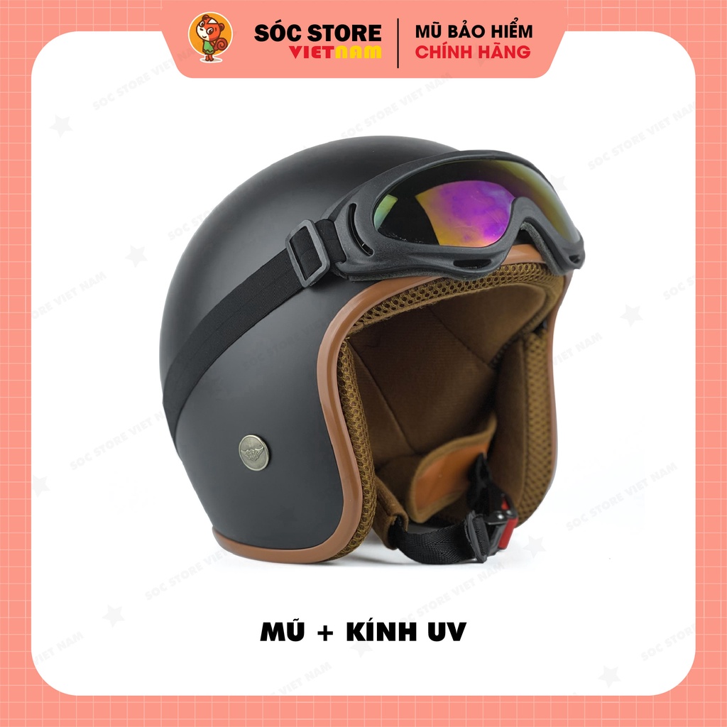 Mũ bảo hiểm 3 phần 4 chính hãng màu đen Sóc Store, nón bảo hiểm 3 phần 4 nam nữ freesize