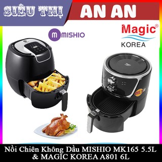 Nồi chiên không dầu điện tử MISHIO MK-165 5.5L chống dính công suất 1800W và Nồi chiên không dầu MAGIC KOREA A801 6L đen