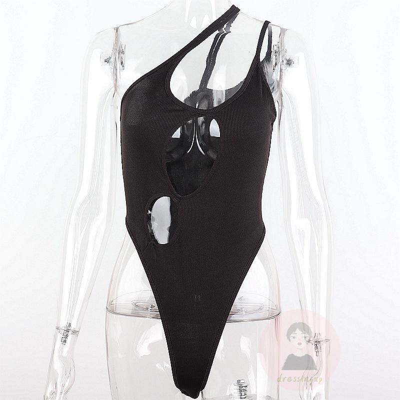 DRE-Women Irregular Backless Bodysuit,Ribbed Solid Color Spaghetti Strap Cutout Halter Bodysuit