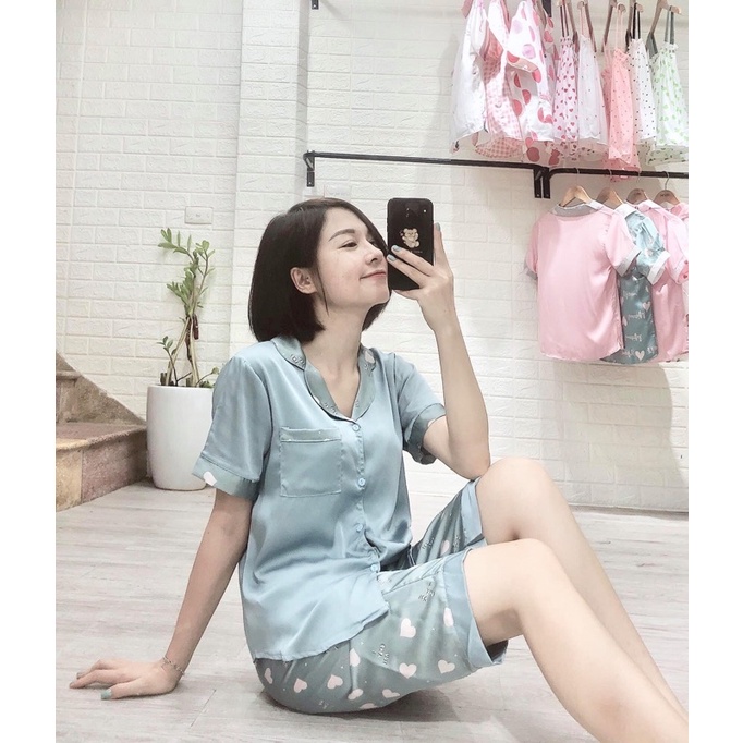 Bộ Pijama ngố Pizama quần lửng hoạ tiết hình tim cực xinh | BigBuy360 - bigbuy360.vn