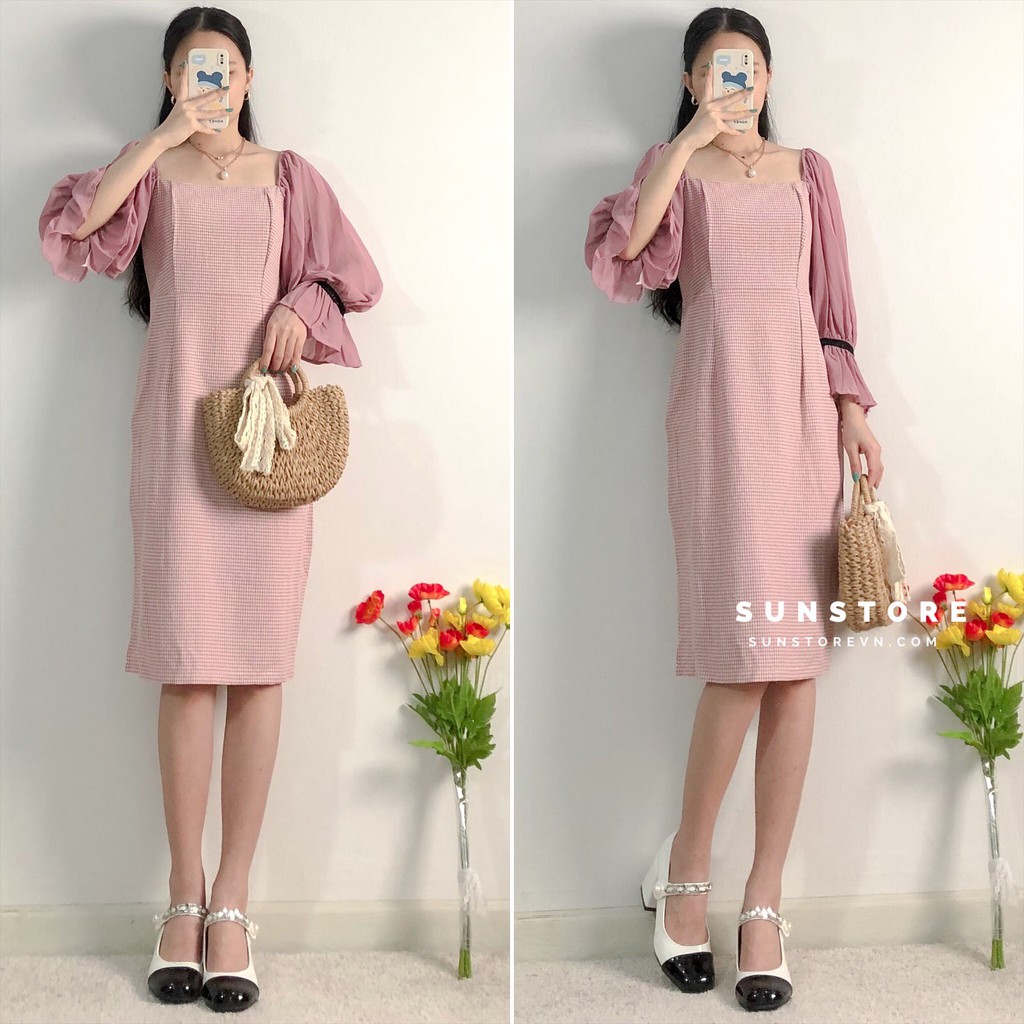 Đầm dự tiệc dáng dài midi váy bút chì tay lỡ hoạ tiết caro nhí dễ thương