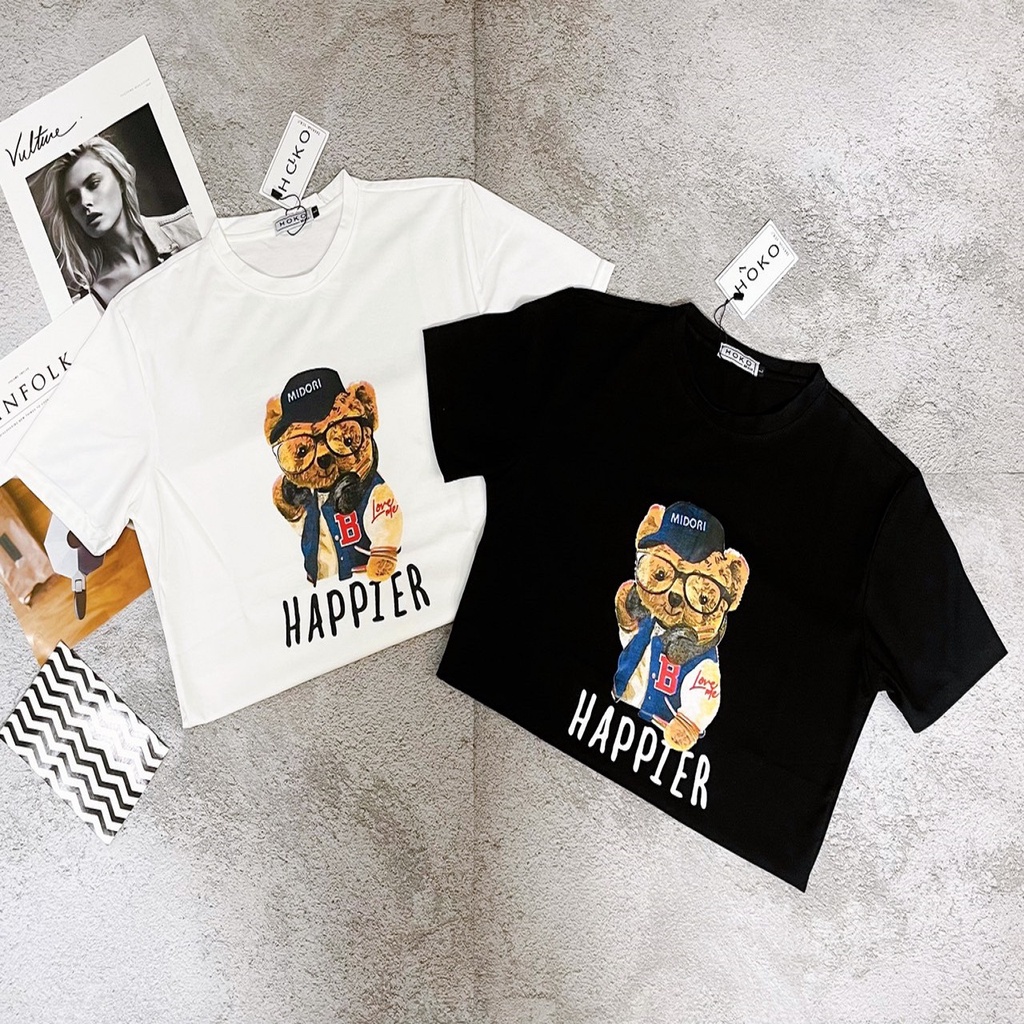 SimpleMan - Áo thun nam tay ngắn in hình Teddy cổ tròn cotton co giãn form đẹp Gấu Happier