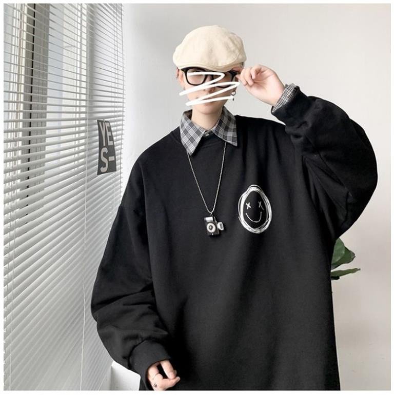 Áo Sweater, Áo Nỉ Bông Trơn 3 Màu Hình Icon Mặt Cười Form Rộng Unisex