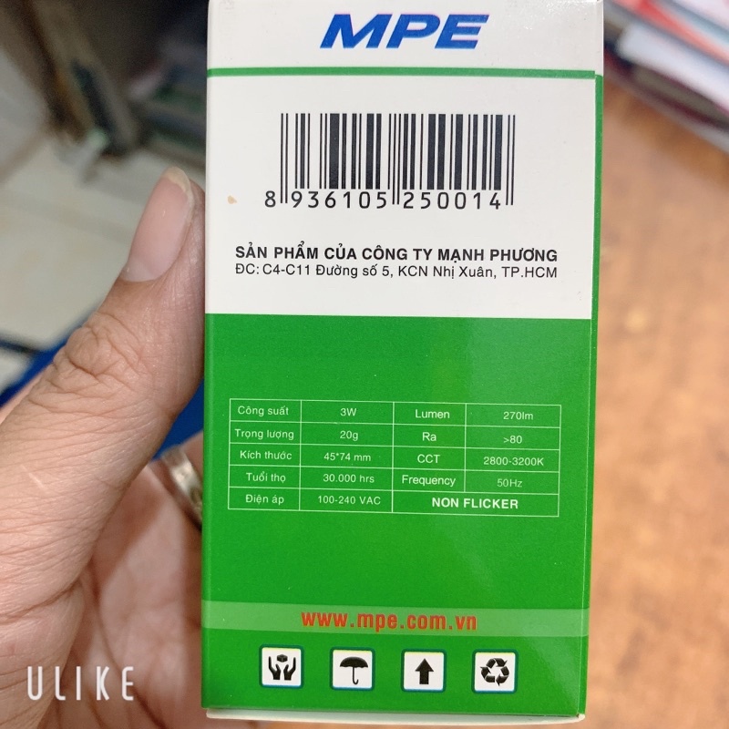 Bóng đèn Led buld 3w MPE ánh sáng trắng, vàng chuẩn hàng chính hãng