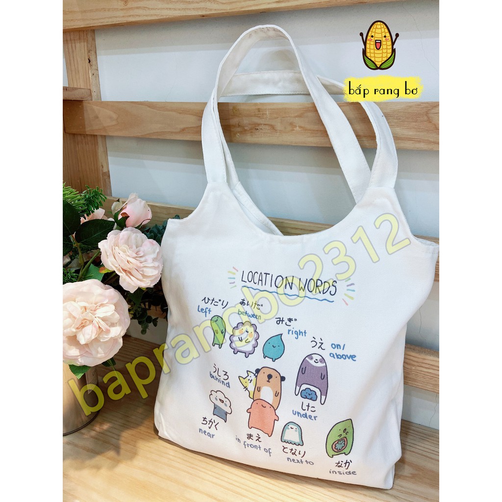 [Mã FASHIONT4WA2 giảm 10K đơn 50K] TÚI TOTE TRÒN TỪ VỰNG TIẾNG NHẬT - VẢI DỆT CANVAS