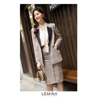 SET ÁO BLAZER - ÁO VEST VÀ CHÂN VÁY KẺ DÁNG XUÔNG CÚC GỖ CÔNG SỞ