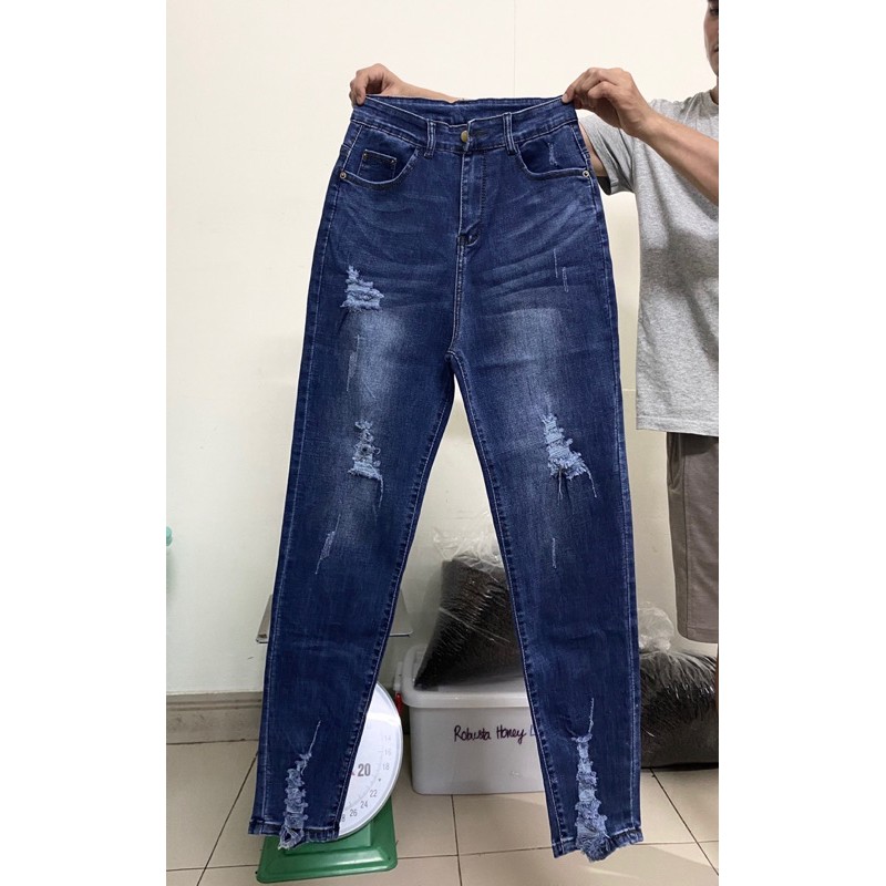 [Size 32-36] Quần Bò Cạp Cao / Quần Jeans Lưng Cao Trên Rốn Co Giãn Mạnh - Tôn Dáng Gọn Eo Bụng Xanh Rách